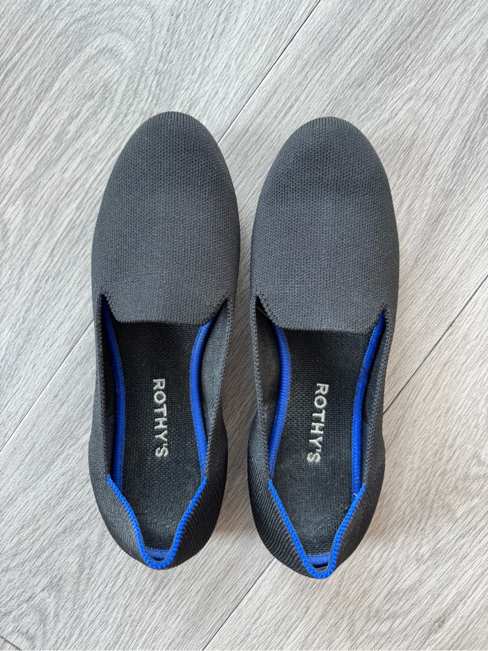 Rothy's Gray Knit Slip-On Flats with Blue Trim